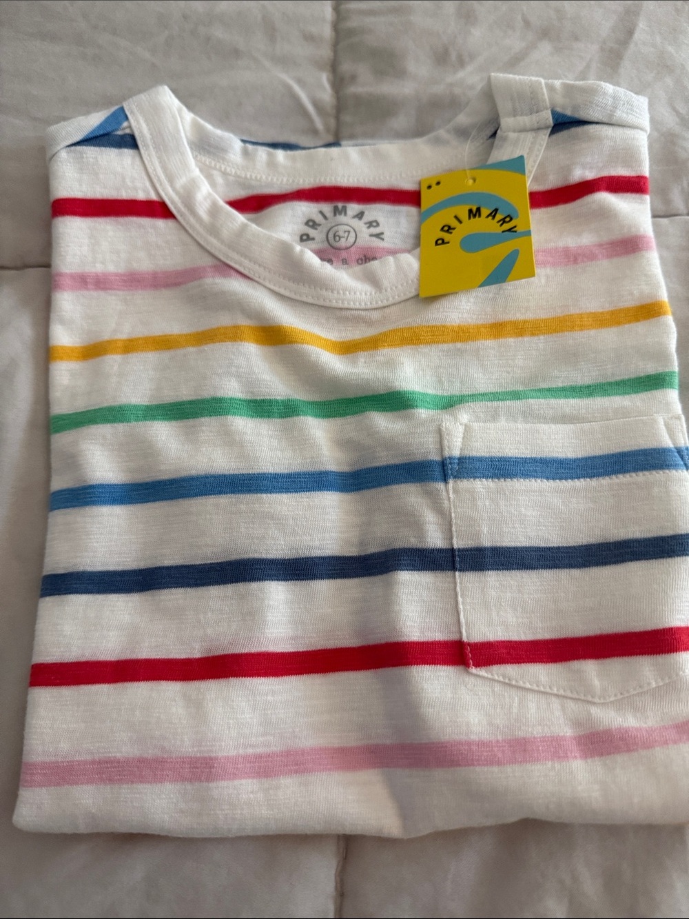 Primary White Tee with Rainbow Stripes and Pocket